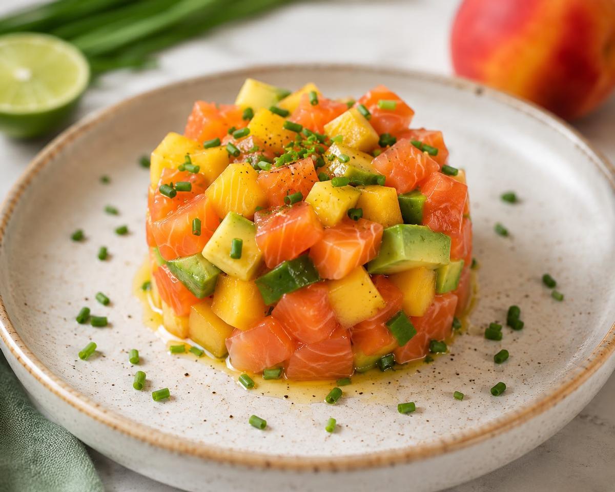 Tartar de melocotón, aguacate y salmón ahumado