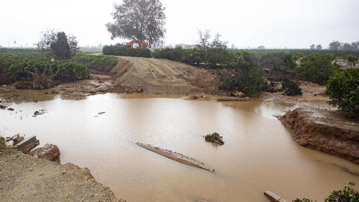 La crecida del Xúquer por la dana provocó la rotura de la mota de protección entre Polinyà y Riola, que ya ha sido reparada.