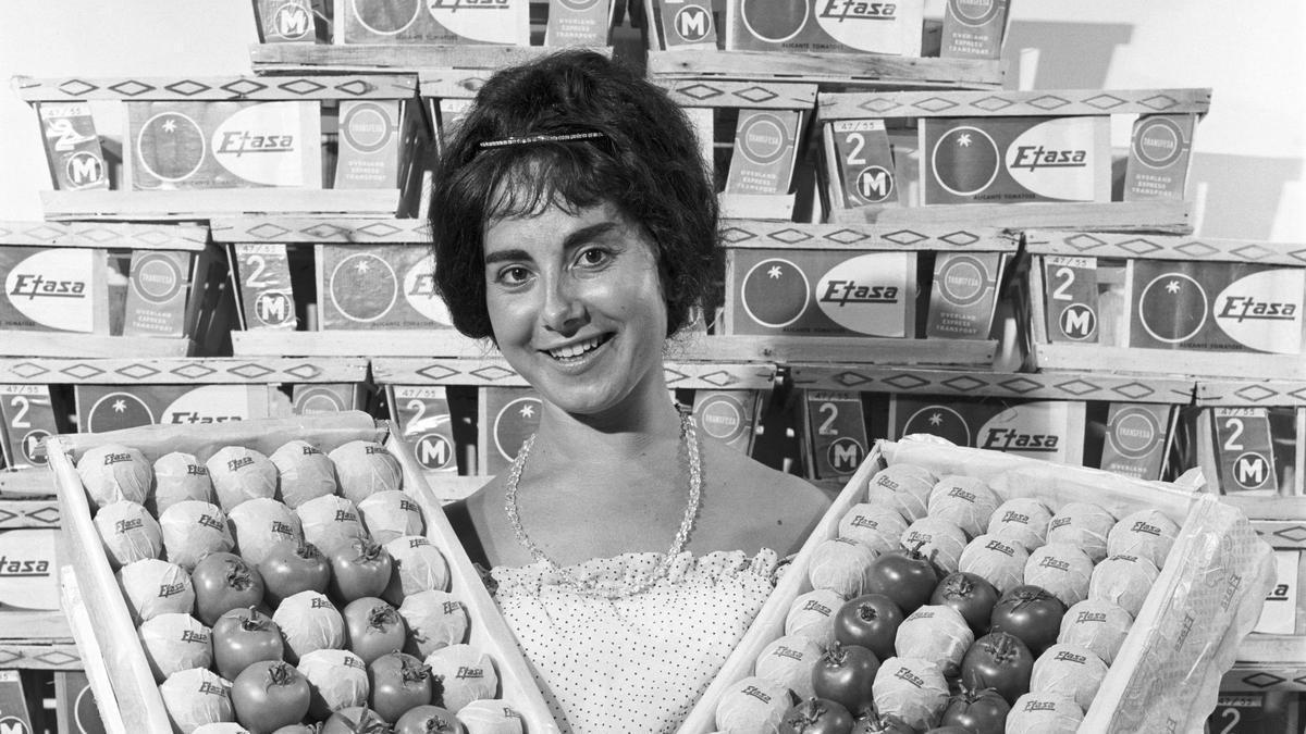 Una mujer promocionando tomates en 1960.