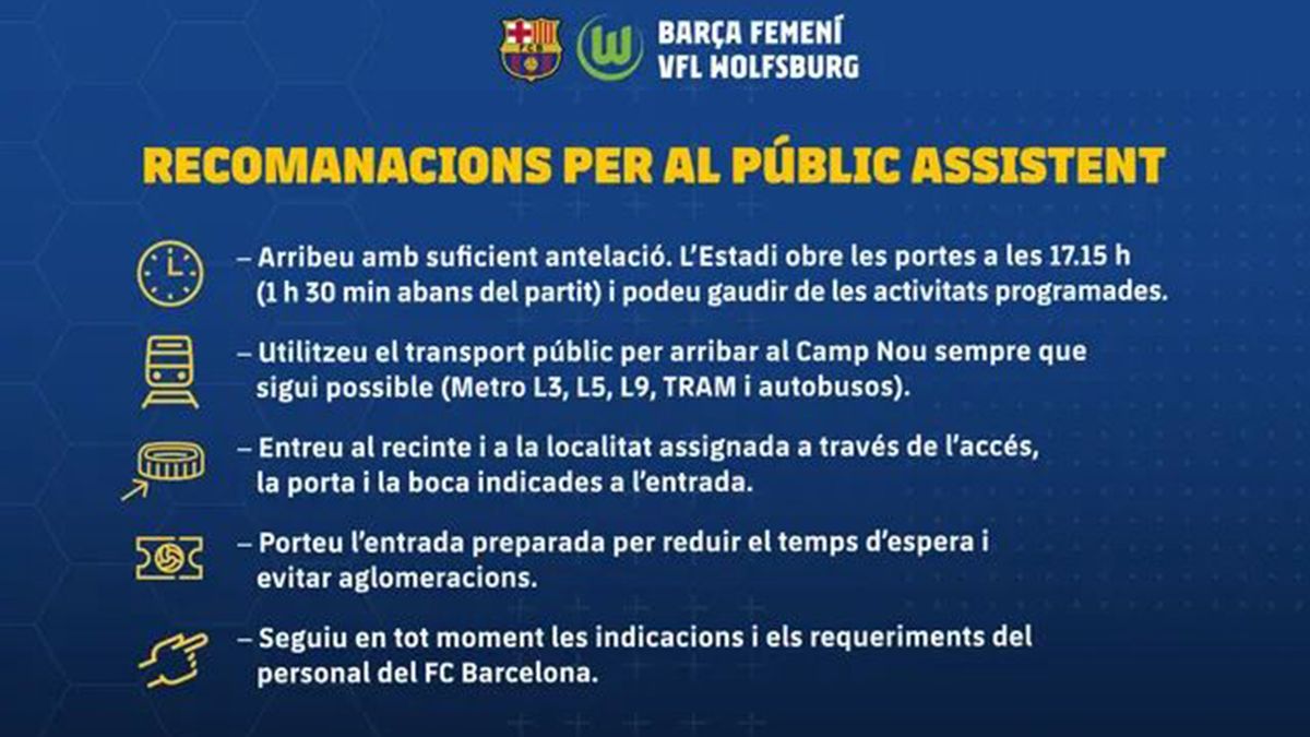 Las recomendaciones del FC Barcelona de acceso al Camp Nou para el FC Barcelona - Wolfsburg