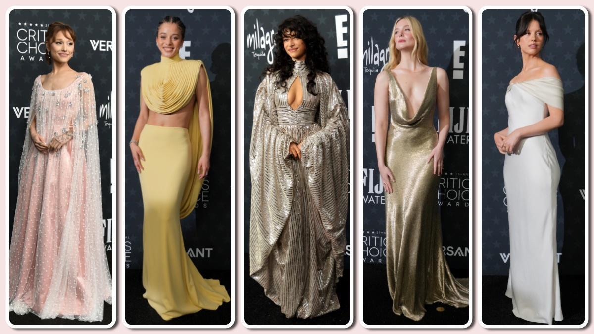 De izquierda a derecha, Ariana Grande, Chase Infiniti, Odessa Azion, Elle Fanning y Mia Goth, en la alfombra roja de los Critics Choice Awards 2026.
