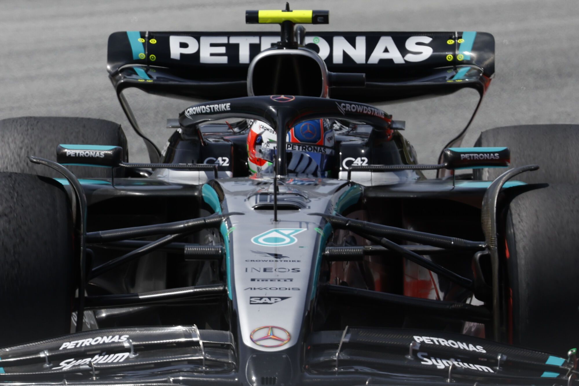 Mercedes driver Andrea Kimi Antonelli of Italy steers his car during the Spanish Grand Prix Formula One race at the Barcelona Catalunya racetrack in Montmelo, near Barcelona, Spain, Sunday, June 1, 2025. (AP Photo/Joan Monfort)