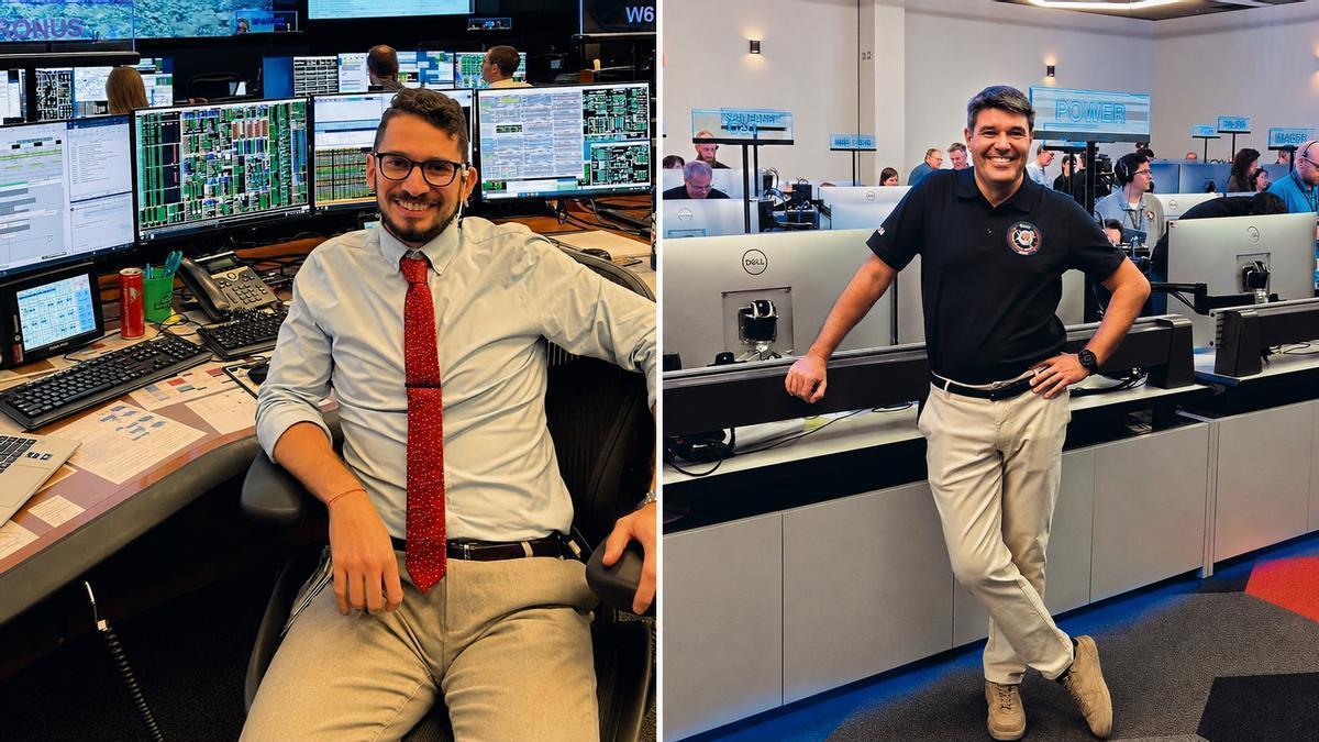 A la izquierda, Pedro Saiz Noriega, en el control espacial de la NASA en Houston. A la derecha, Arturo Fernández, en el control central de la NASA.