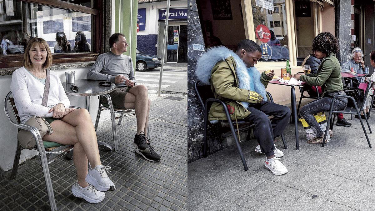 Terrazas con gente en el barrio de Santa Catalina (izquierda) y en Gotleu (derecha).