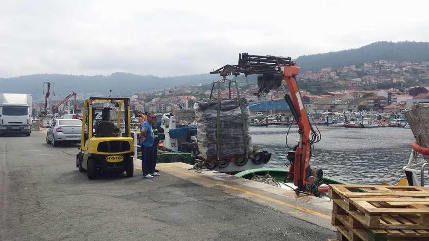 Los bateeiros de Bueu descargando en el muelle durante este verano. // Santos Álvarez