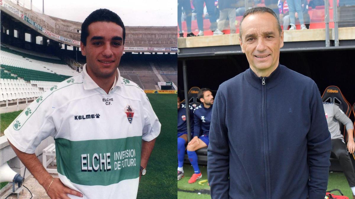Oltra, con 30 años de diferencia, como jugador del Elche y entrenador del Eldense