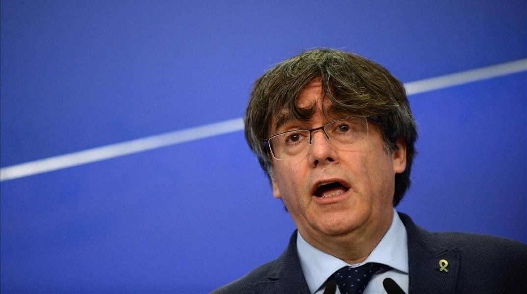 Former member of the Catalan government Carles Puigdemont speaks at the European Parliament in Brussels  Belgium  February 24  2021  REUTERS Johanna Geron