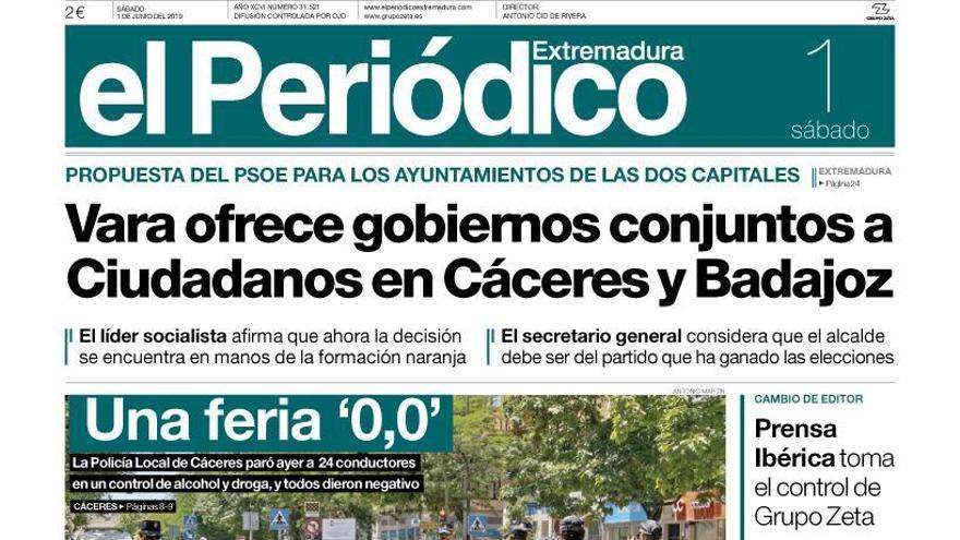 Esta es la portada de EL PERIÓDICO EXTREMADURA correspondiente al día 1 de junio del 2019