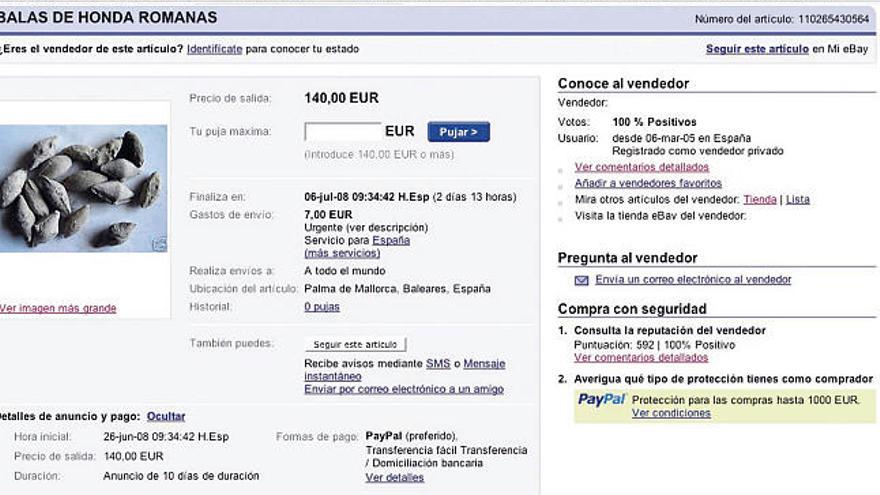Una imagen del portal de internet donde se ofrecen a subasta las piezas arqueológicas.