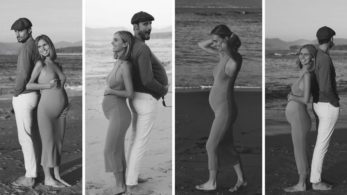 Secuencia de imágenes que compartió la feliz pareja desde la orilla de O Vao anunciando su futura paternidad.