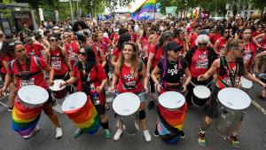 Participantes en la marcha del Orgullo, este sábado en Madrid.