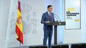 El presidente del Gobierno, Pedro Sánchez, durante su comparecencia en la Moncloa en la que comunicó la nueva composición del Gabinete, este 10 de julio. 