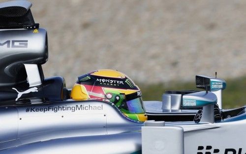 Mercedes Formula One racing driver Hamilton of Britain drives his W05 during pre-season testing at the Jerez racetrack in southern Spain