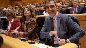 El presidente del Gobierno, Pedro Sánchez ,junto a la vicerpresidenta primera, María Jesús Montero, durante una sesión de control en el Senado.