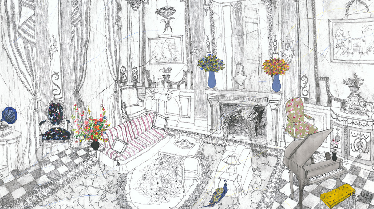 El pavo real (en la parte inferior) aparece en obras como 'The peacock in the lounge'.