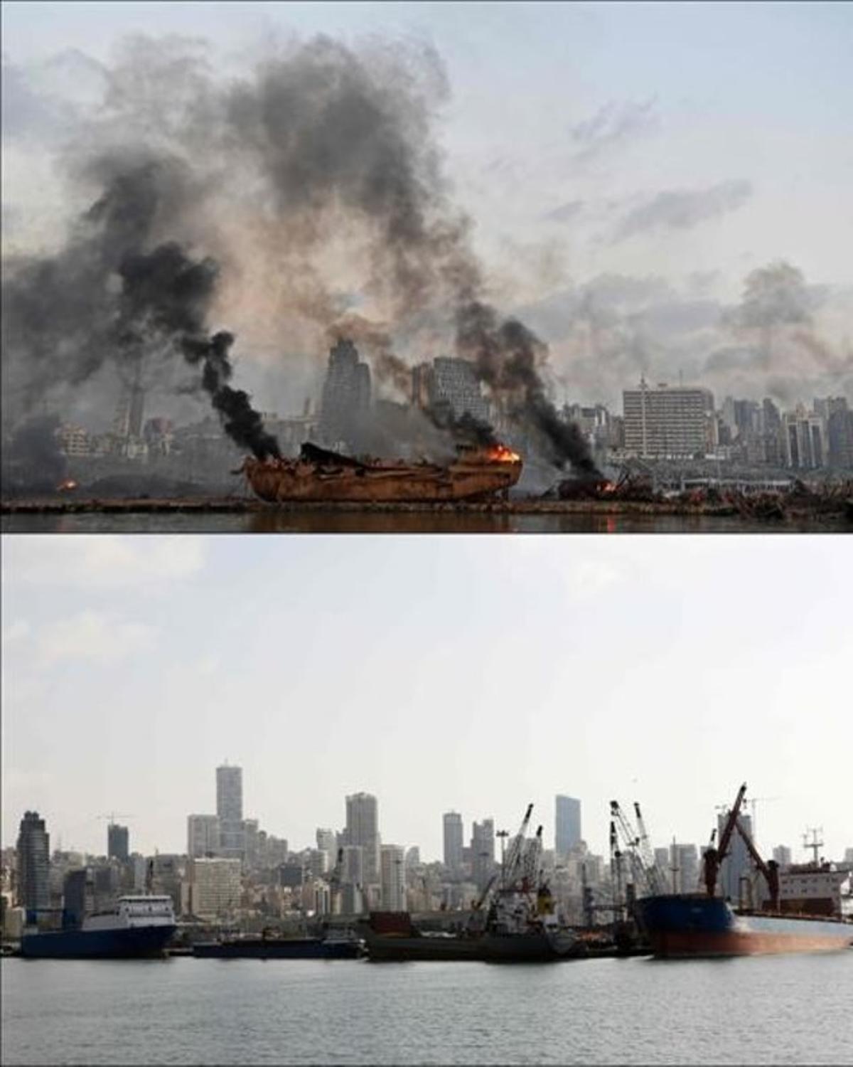 El puerto de Beirut, antes y después de la explosión.