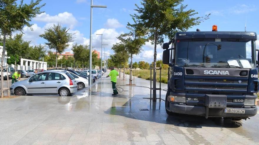 Los operarios hacen uso de una manguera con agua a presión para quitar mejor la tierra del suelo.