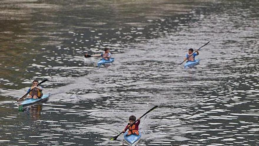 Piragüistas del Club Natación Langreo, en el río Nalón. | Fernando Rodríguez