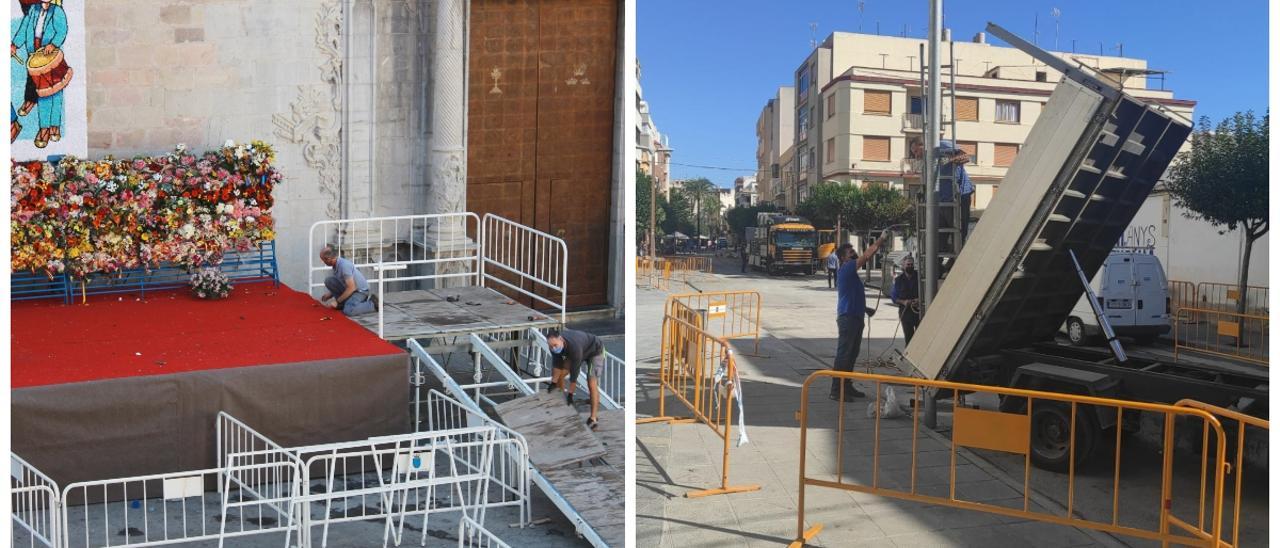 A la izquierda, desmontaje del tapiz de Benicarló. A la derecha, retirada del casal de la falla Mercat Vell en Benicarló.