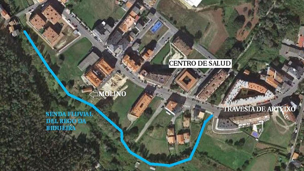 Trazado del futuro paseo fluvial al borde del rego da Bidueira en Arteixo. |   // L.O.