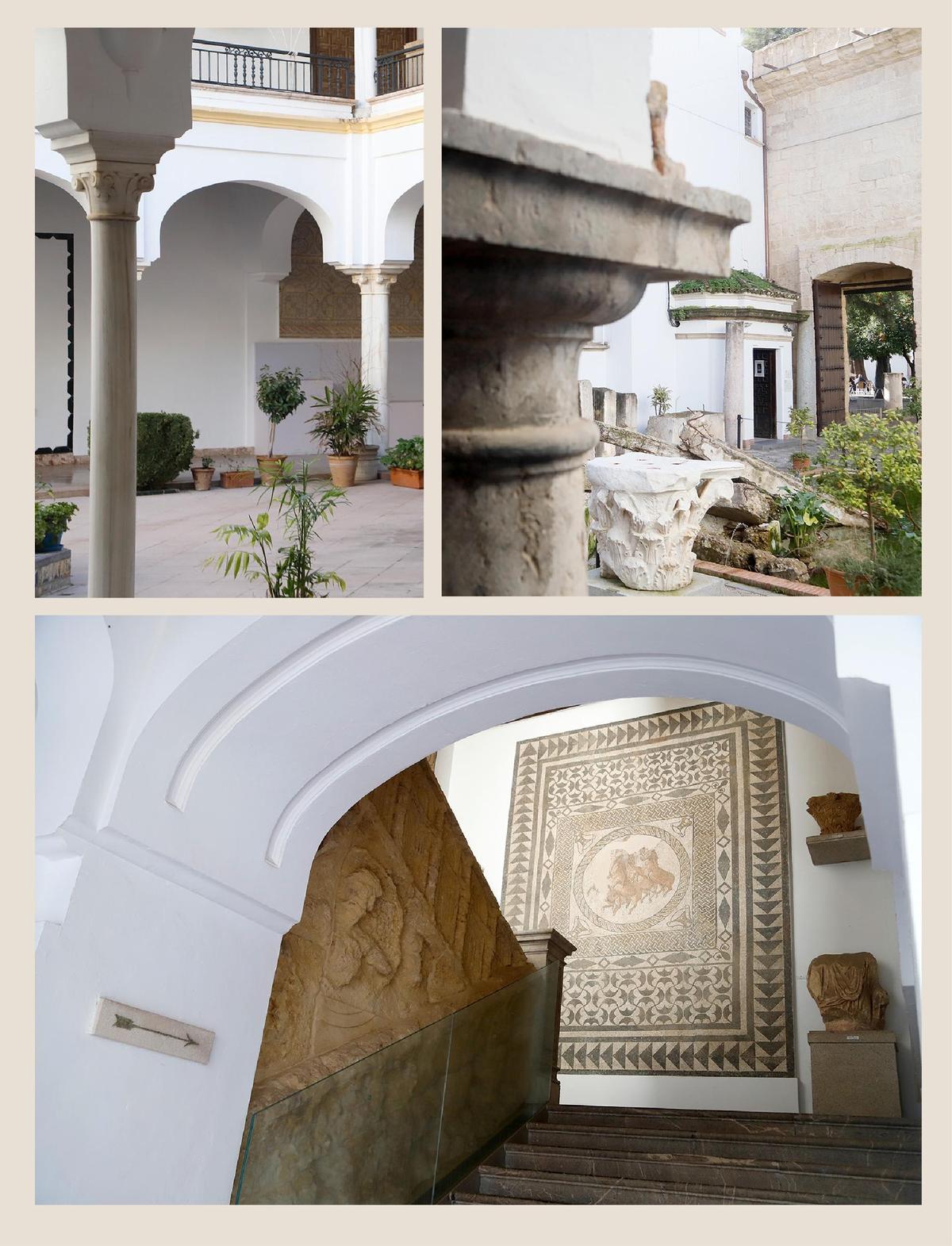 Vistas del patio y del mosaico romano de la escalera principal.