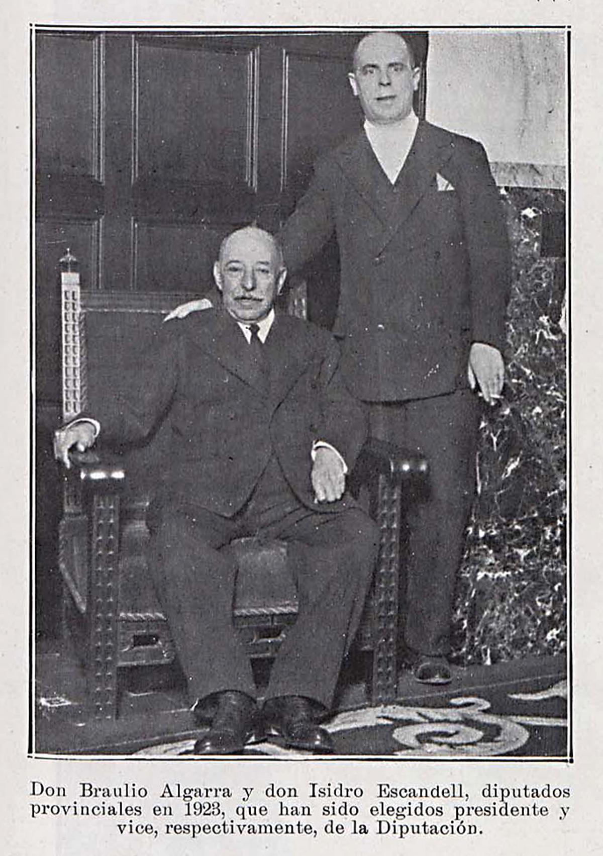 Braulio Algarra e Isidro Escandell, presidente y vicepresidente de la Diputación de Valencia en 1923.