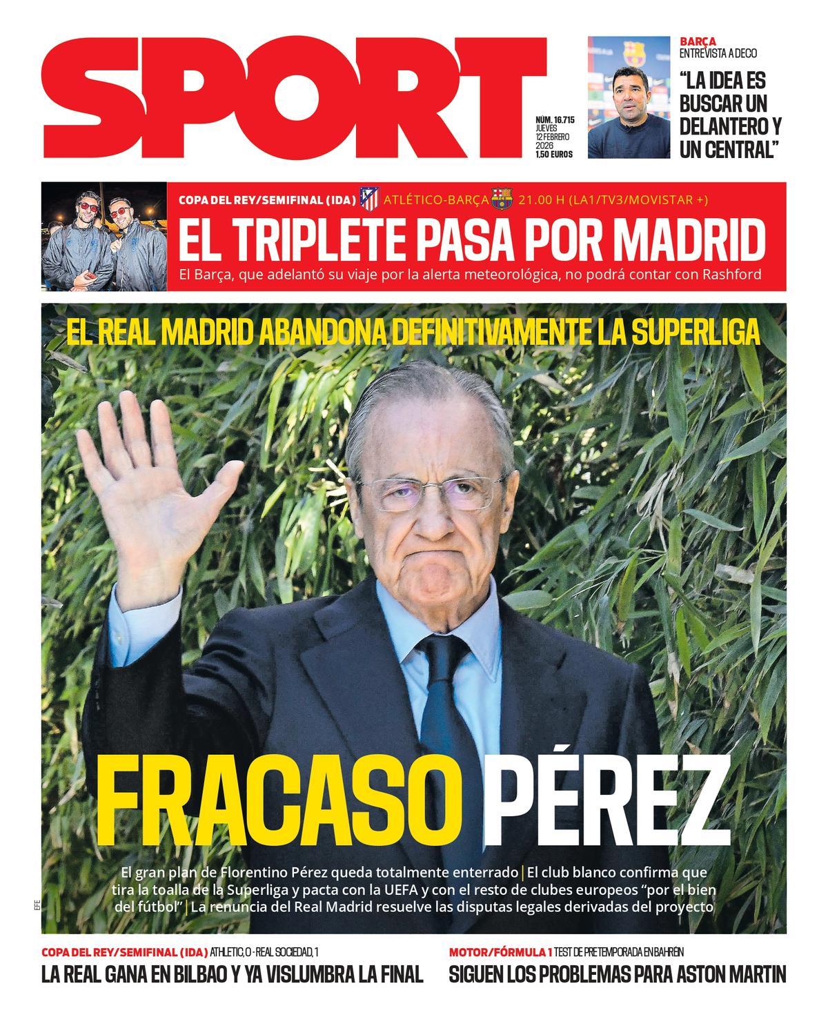 Esta es la portada de SPORT de hoy jueves. 12 de febrero de 2026