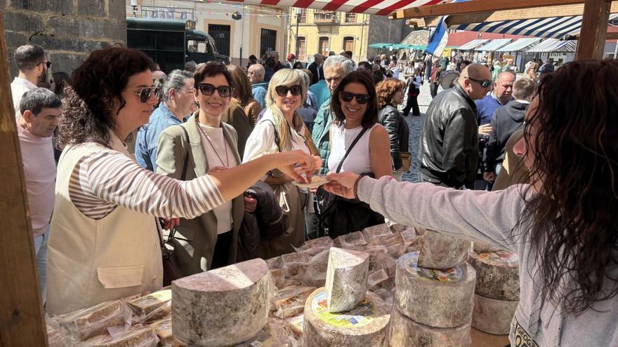 Por la izquierda, Mari Paz de los Ríos, Vanessa Menéndez, Ana Castro y Beatriz Santos prueban el queso de Gamonéu que les ofrece Susana Martínez. | D. ÁLVAREZ