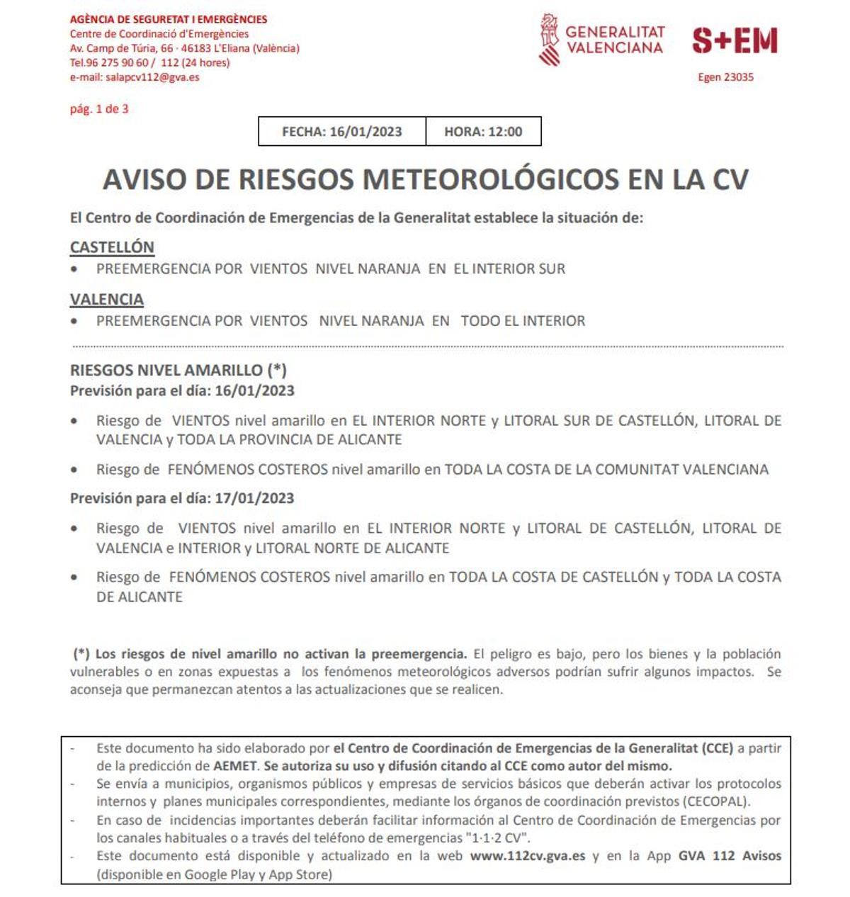 Aviso de riesgos meteorológicos en la Comunidad Valenciana