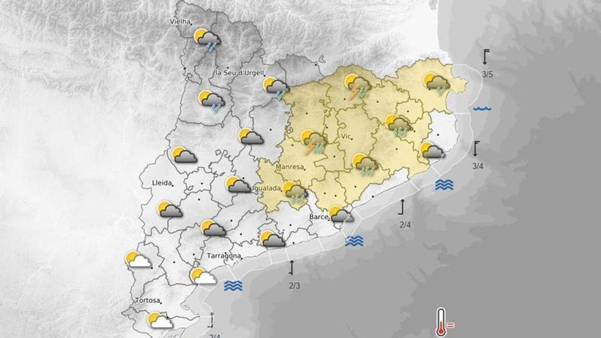 Mapa de previsió de ruixats a la Catalunya central per aquest dijous
