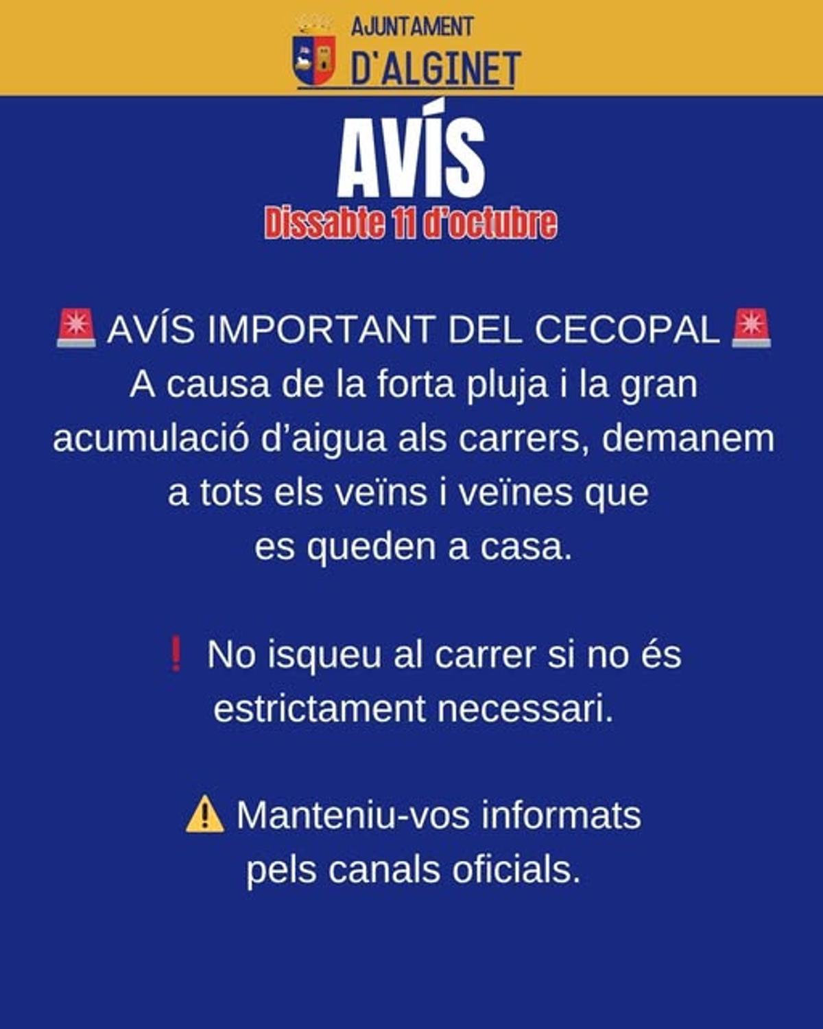 Comunicado de alerta emitido por el Cecopal de Alginet a la población.