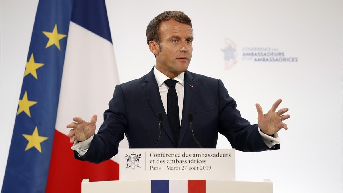 Emmanuel Macron, primer ministro francés, durante un discurso en Palacio del Elíseo