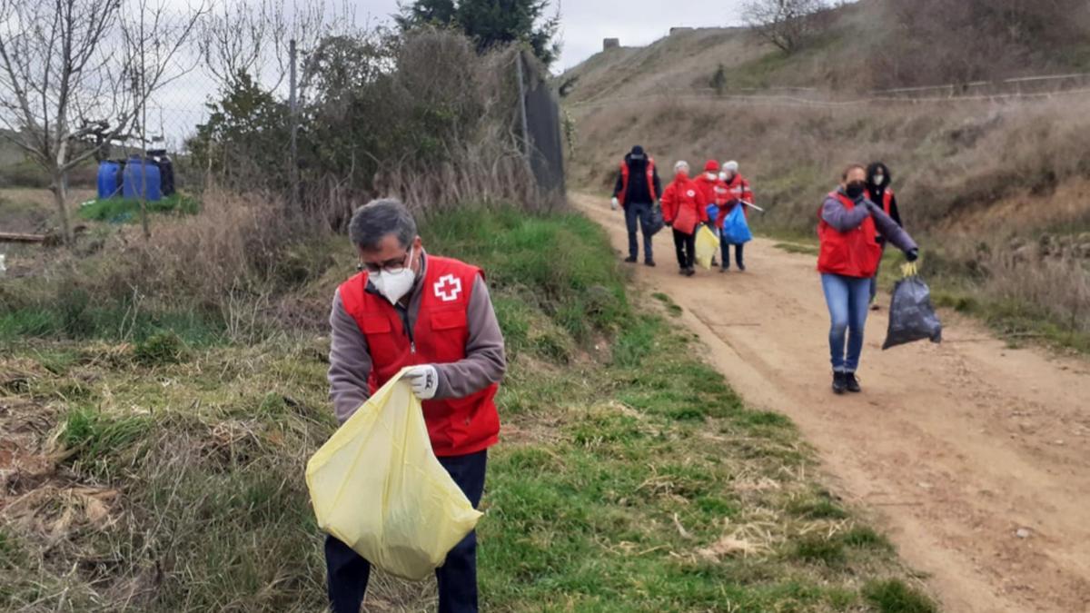Varios voluntarios cargados con bolsas de basura recogida en la naturaleza. | E. P.