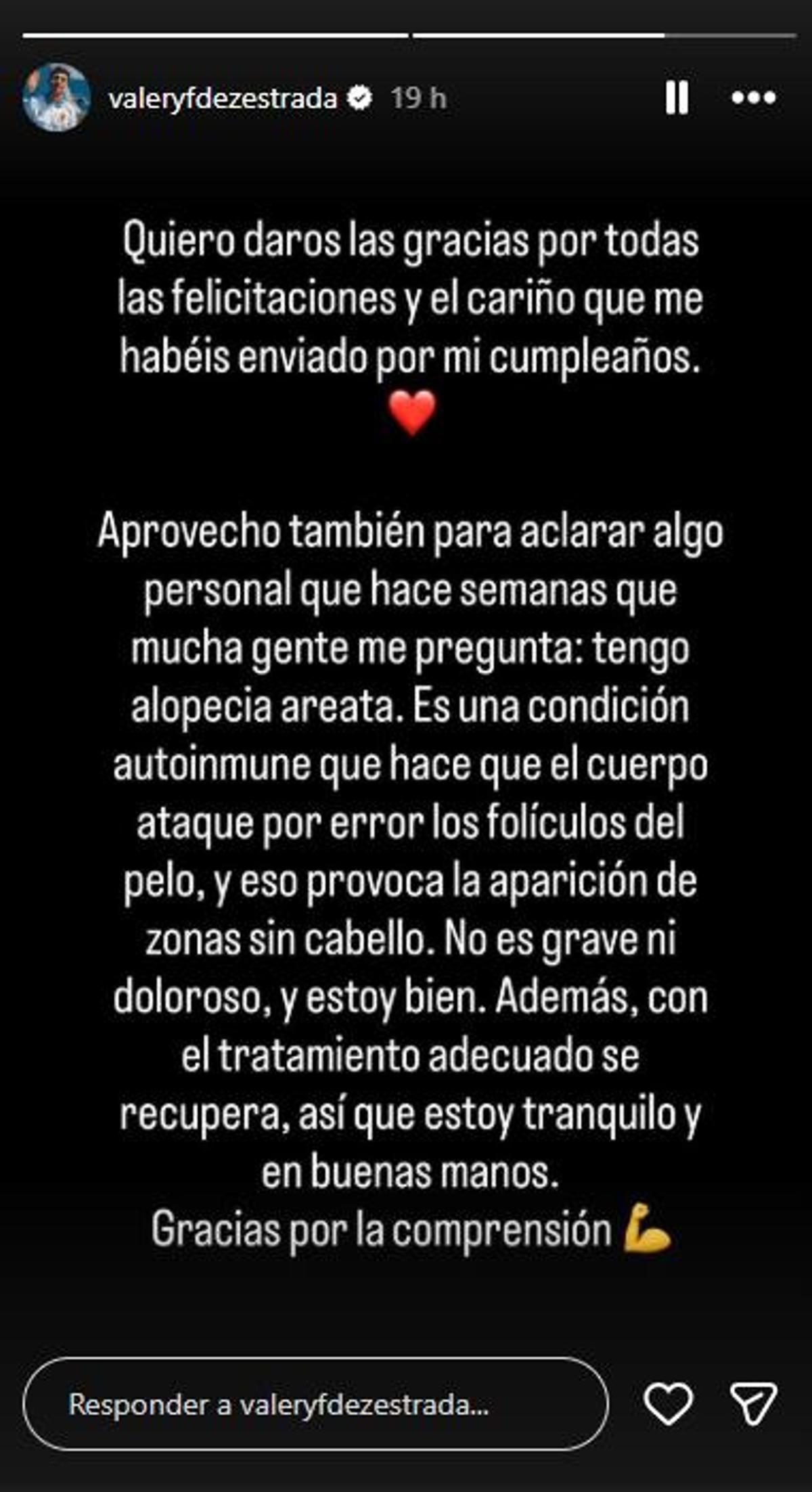 Historia de Instagram de Valery Fernández revelando su afectación.