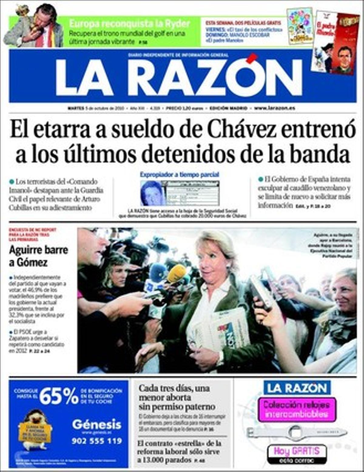 ’La Razón’ destaca que cada tres dies una menor avorta sense permís a Espanya, encara que atribueix a la crisi i el descens de l’arribada d’immigrants que en el primer semestre de l’any hagin baixat les interrupcions d’embarassos. També ofereix una sondeig propi: Esperanza Aguirre escombra Tomás Gómez com a preferida per presidir Madrid (46%--32%). I destaca que una enquesta publicada dilluns per l’INE revela que el 21,2% dels que es van doctorar en Ciències i Tecnologia a les universitats espanyoles entre el 2000i el 2009 van emigrar per diners.