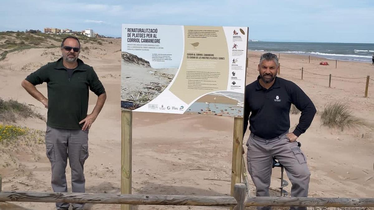 Dos voluntarios junto a un cartel que indica el hábitat del chorlitejo, en Gandia.