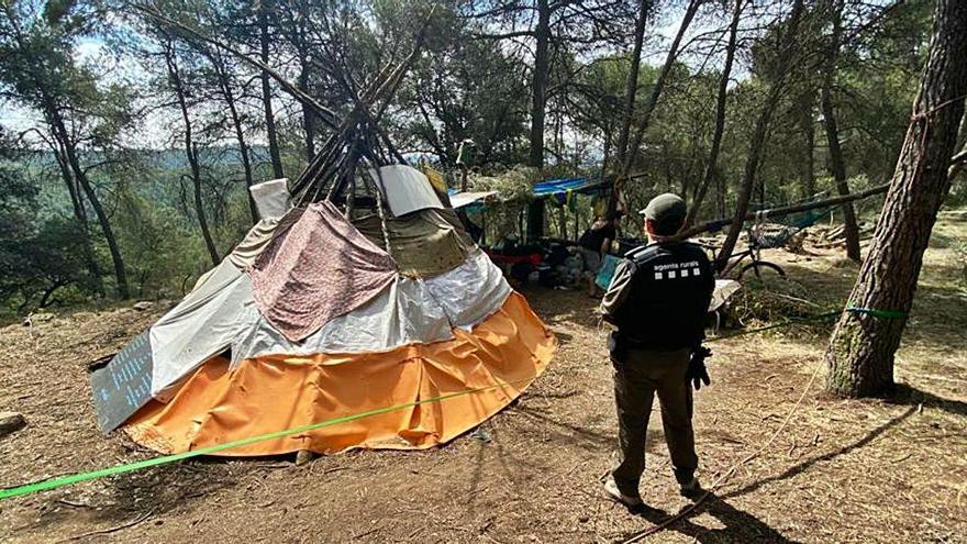 Un agent rural observa l&#039;acampada il·legal en una zona boscosa de Gaià