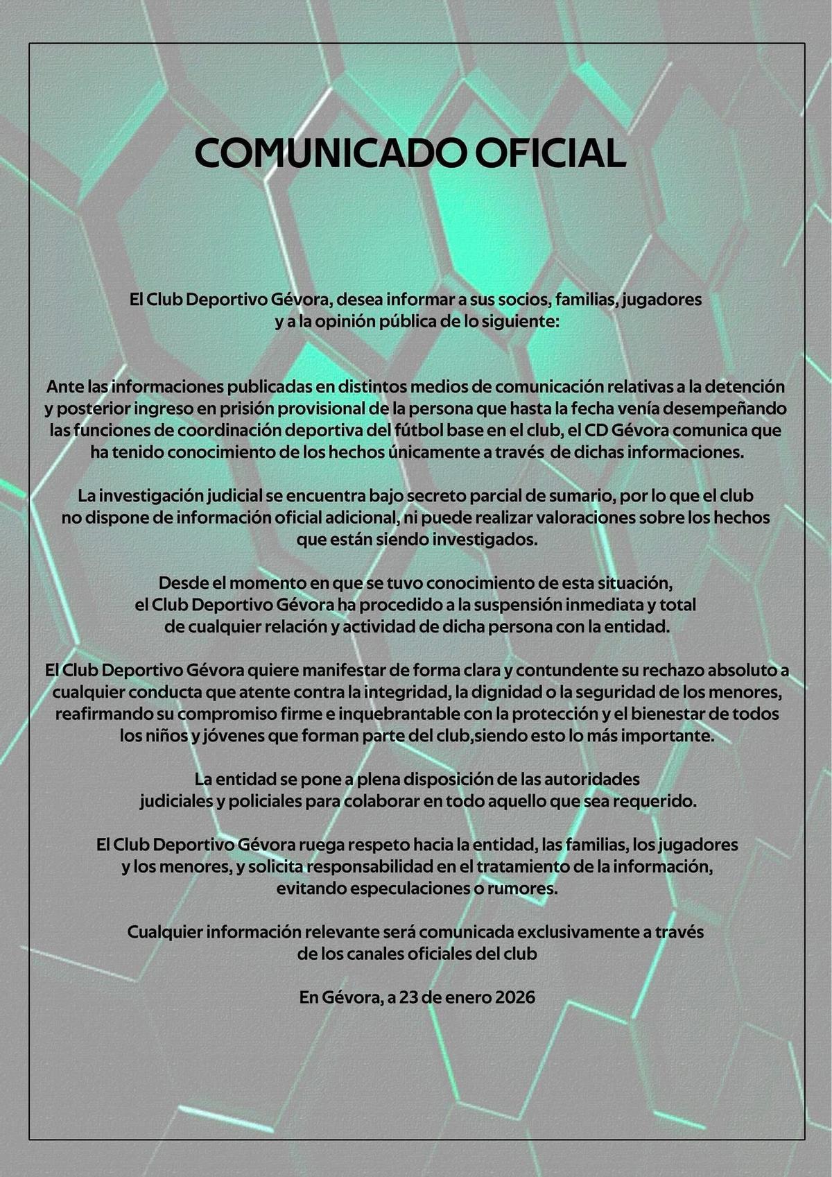 Comunicado oficial emitido por el CD Gévora tras decretarse el ingreso en prisión del coordinador de su cantera.