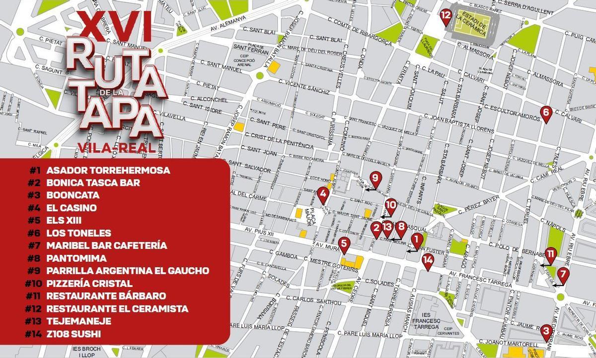 Plano la zona de Vila-real en la que se ubican los establecimientos participantes en la Ruta de la Tapa del 2024.