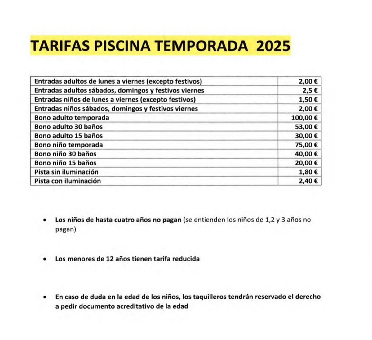 Tarifas de la piscina de Corrales del Vino.