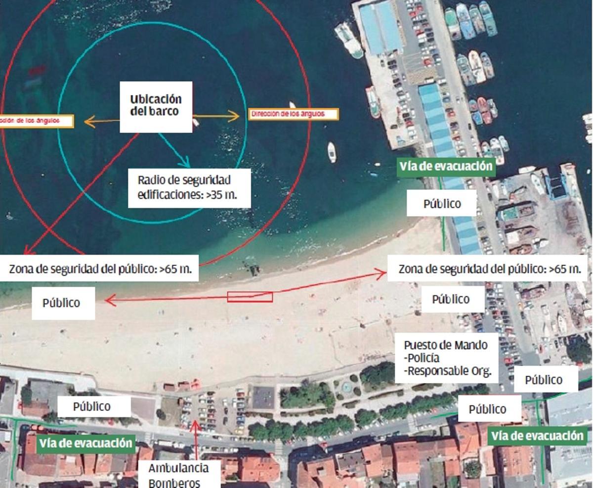 El plano completo con las medidas de seguridad para el espectáculo de la medianoche del martes al miércoles en Bueu.