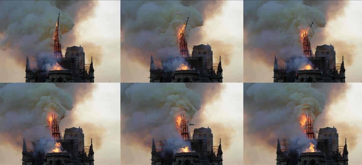 Secuencia de cómo cayó la torre principal de la catedral de Notre Dame.