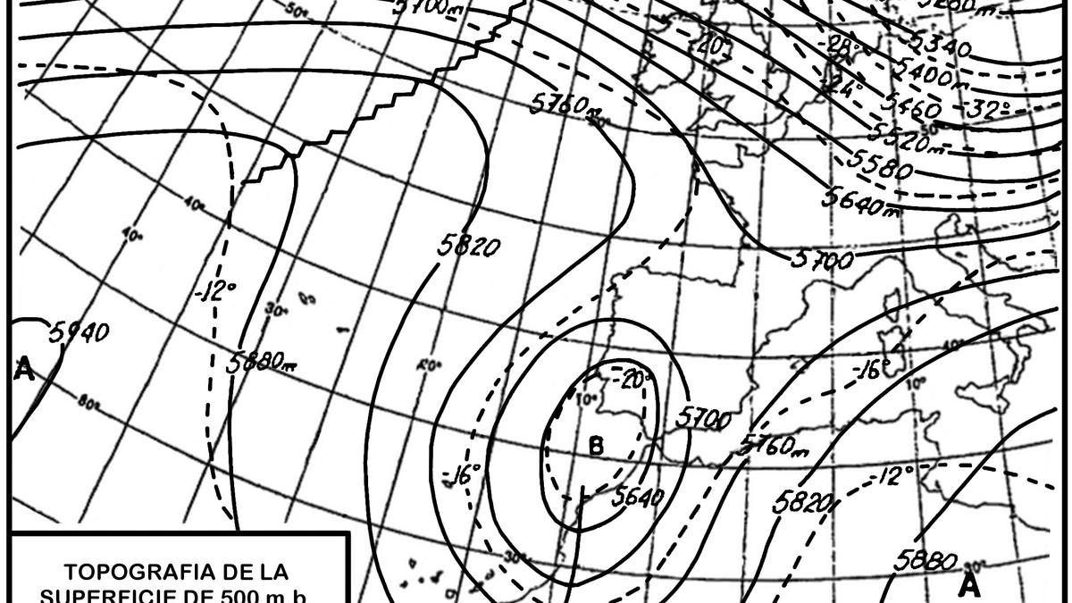 “Gota fría” singularmente lluviosa de 19 de octubre de 1973, DANA alimentada en superficie por levante que, en el flanco meridional de un gran anticiclón de bloqueo, conducía aire muy húmedo e inestable de procedencia mediterránea