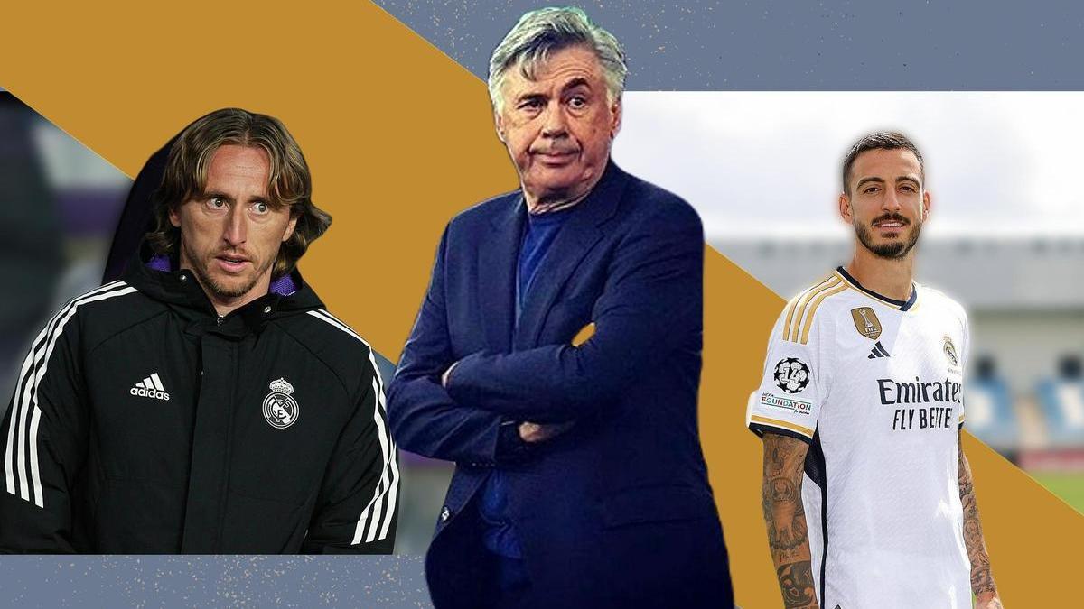 Luka Modric, Carlo Ancelotti y Joselu Mato.