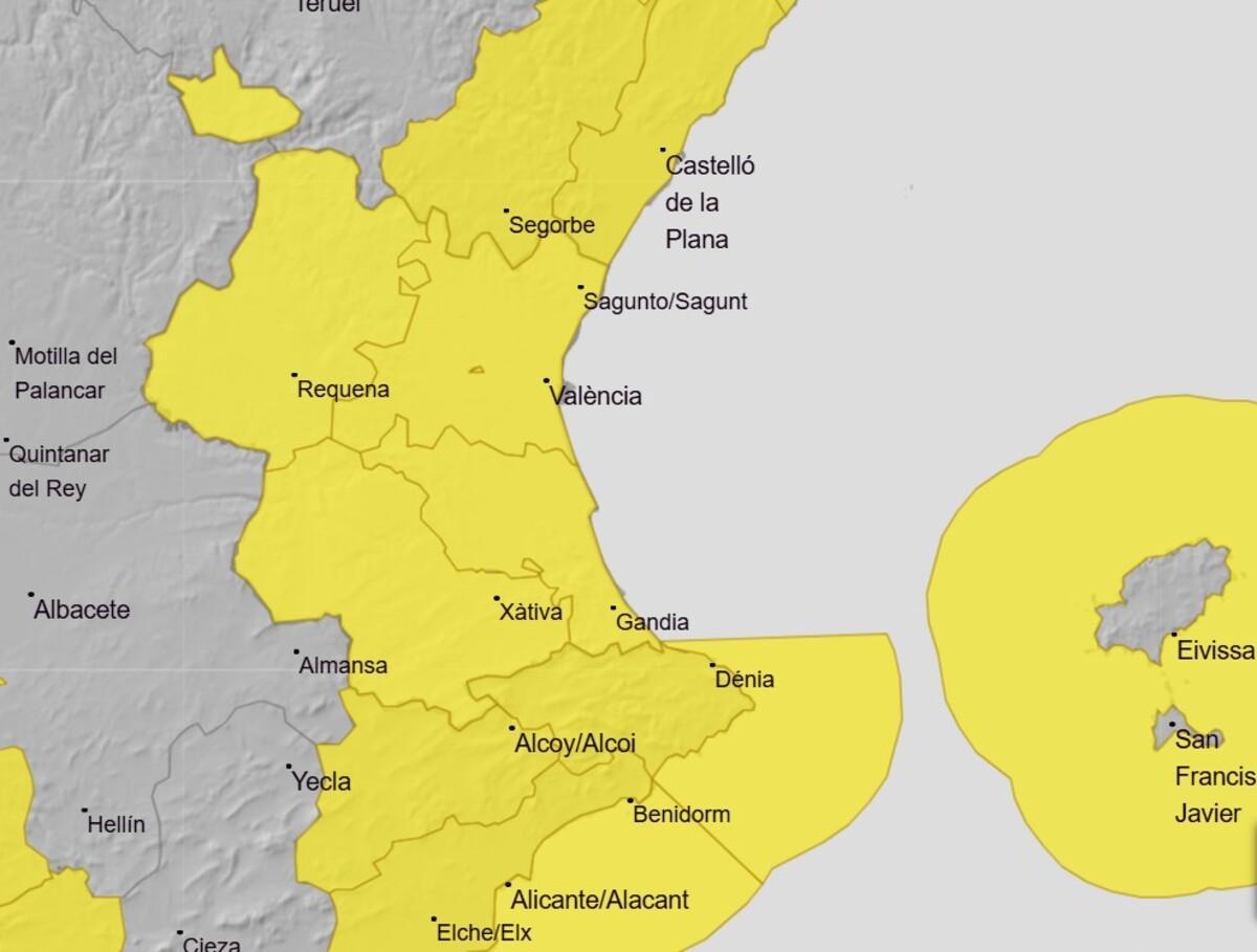 Avisos meteorológicos de la Aemet previstos en la Comunitat Valenciana para el viernes 6 de marzo.
