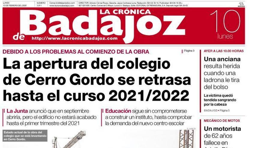 Esta es la portada de LA CRÓNICA DE BADAJOZ correspondiente al día 10 de febrero del 2020