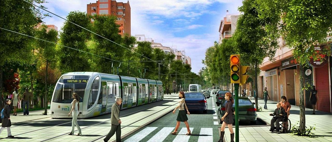 Imagen virtual de la línea de tranvía al aeropuerto y la Platja de Palma  a su paso por la calle Pérez Galdós. | TRAMBADIA