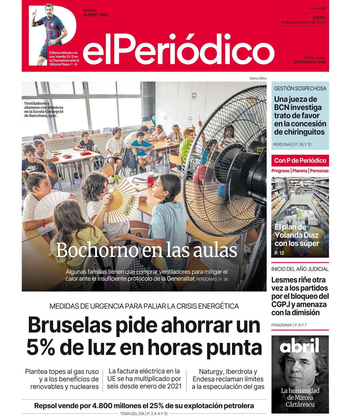 La portada d’EL PERIÓDICO del 8 de setembre del 2022
