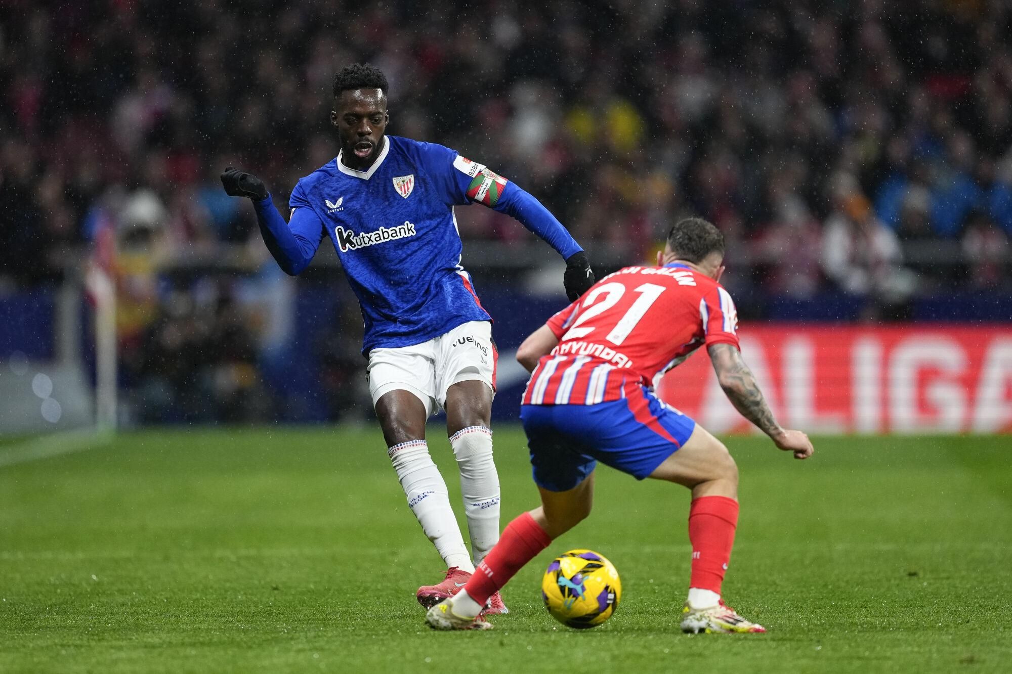 Inaki Williams of Athletic Club and Javi Galan of Atletico de Madrid in action during the Spanish League, LaLiga EA Sports, football match played between Atletico de Madrid and Athletic Club de Bilbao at Riyadh Air Metropolitano stadium on March 1, 2025, in Madrid, Spain. AFP7 01/03/2025 ONLY FOR USE IN SPAIN. Oscar J. Barroso / AFP7 / Europa Press;2025;SPAIN;Soccer;Sport;ZSOCCER;ZSPORT;Atletico de Madrid v Athletic Club de Bilbao - LaLiga EA Sports;