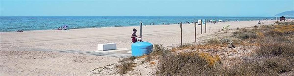 Platja Central de Gavà amb les dunes naturals recuperades per l’Àrea Metropolitana per protegir el litoral i una de les noves papereres grans semienterrades i ’intel·ligents’, ahir.